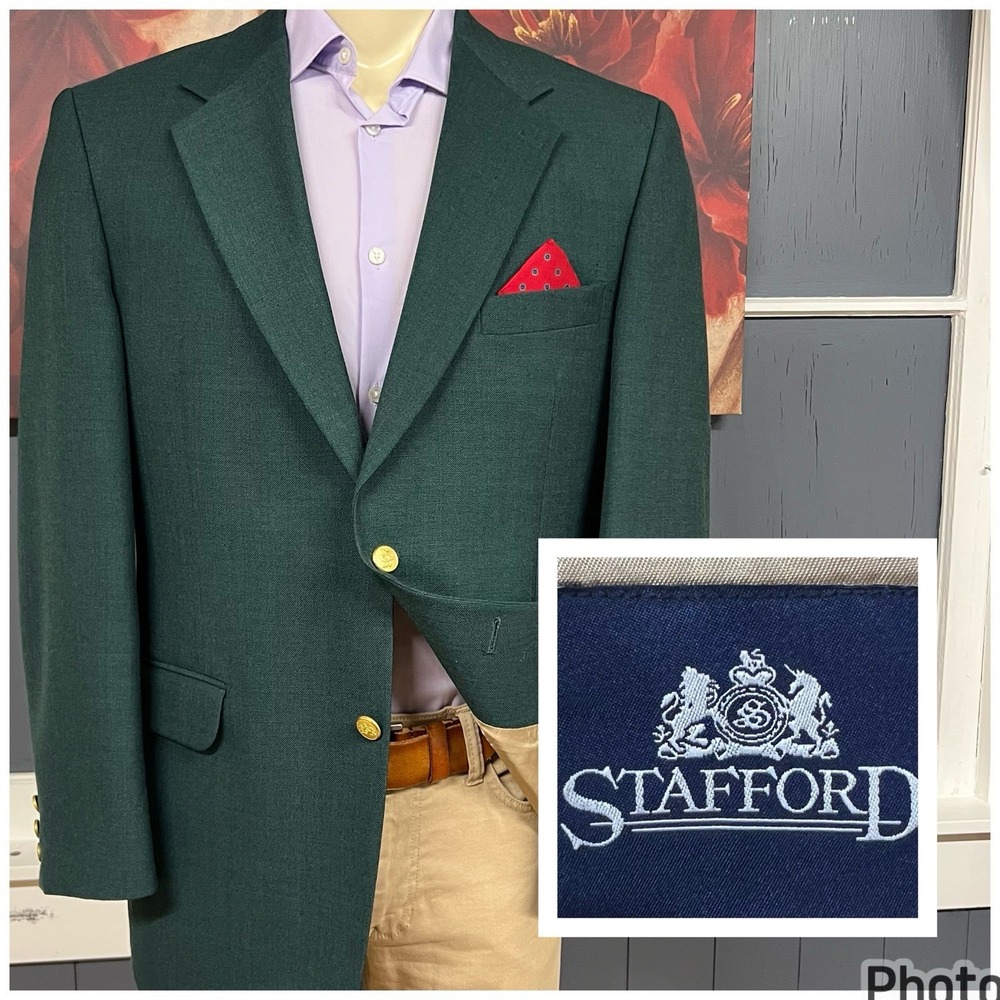 VTG Stafford Hopsack Golden Buttons Blazer Mens 42R Classic Fit Wool Blend Green